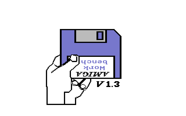 A pixelized picture of a left white hand holding a blue 3.5 inch floppy disk. On the floppy disk label you can read the words AMIGA Workbench. Below the floppy disk you can read V1.3